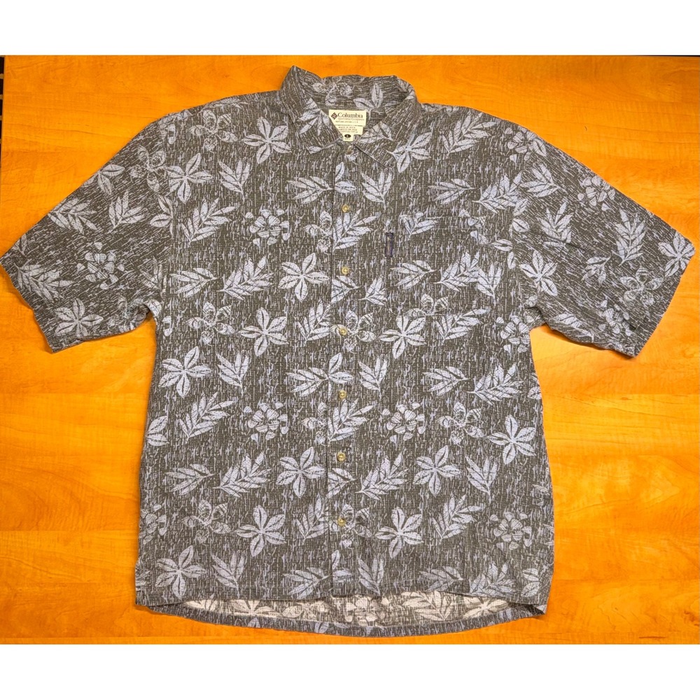 Columbia Sportswear Mens Large Blue Floral Leaf Print Cotton Button Down Shirt